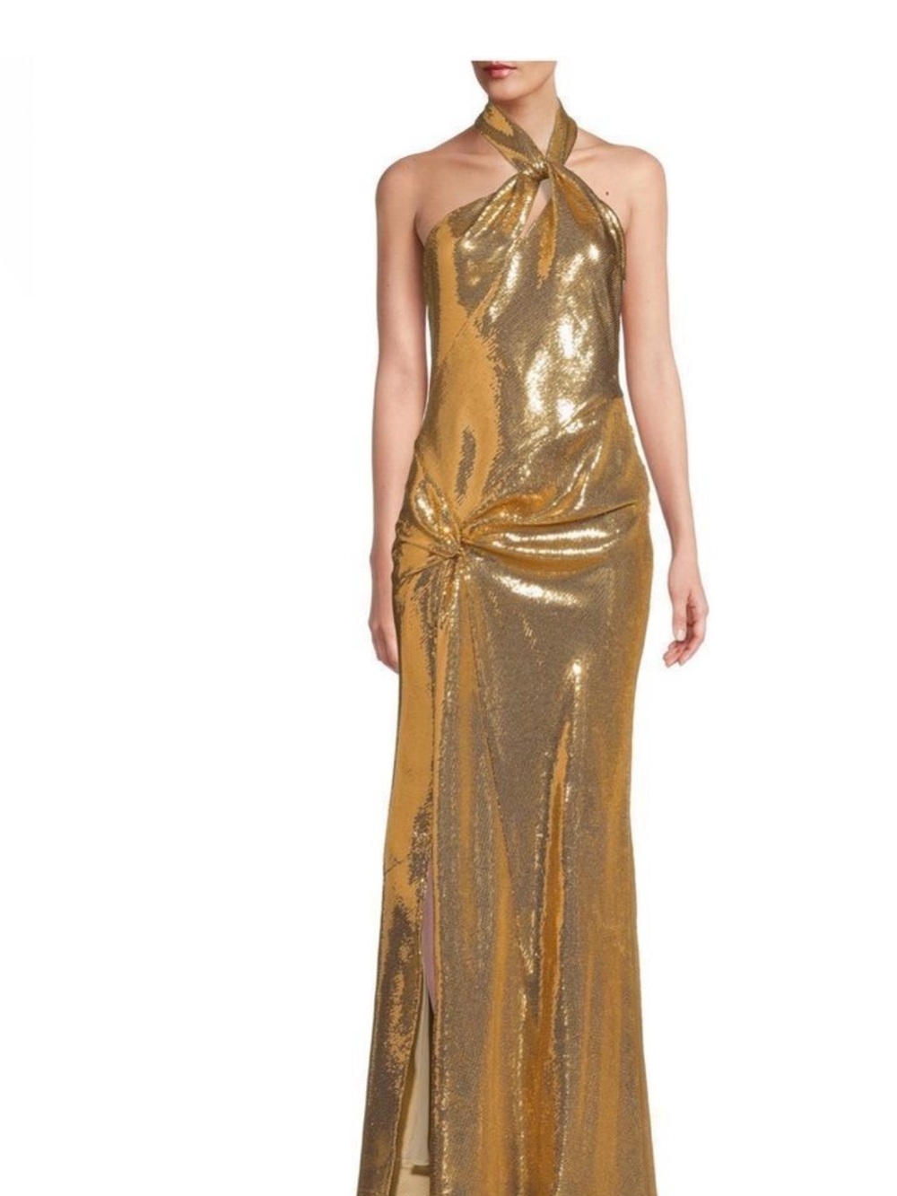 Ronny Kobo Collection Metallic Gold Halter Knot Maxi Dress